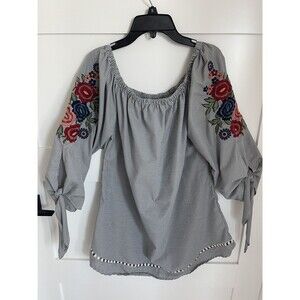 Avani Del Amour Blue Gingham Embroidered Off The Shoulder Tunic Top Size m
